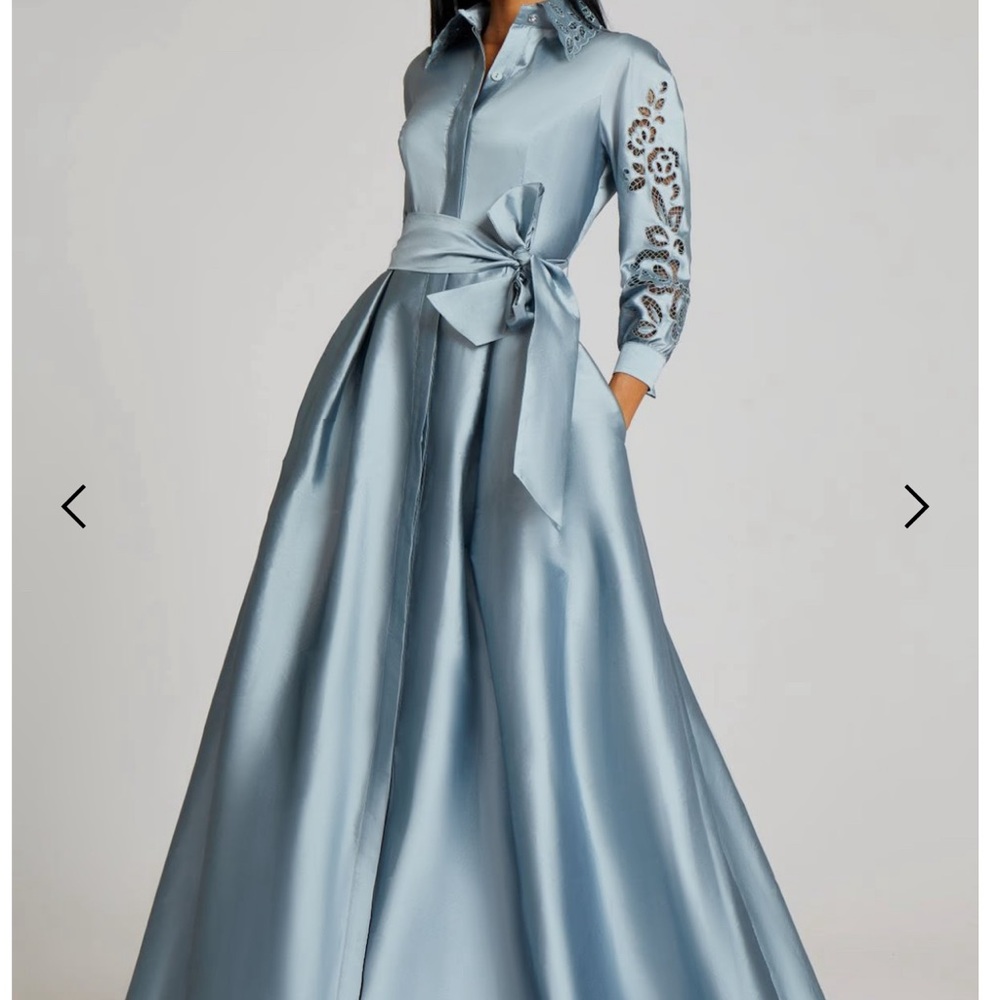 Elegant Blue Taffeta Shirt Dress with Floral Cutout Sleeves- Mother of